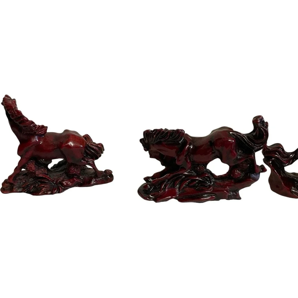 VTG Galloping Horse Figurine Set Home Decor Small Burgundy Red Cinnabar Style